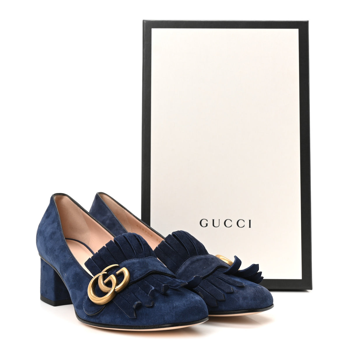 Gucci Kid Scamosciato GG Marmont Fringe 50mm Loafer Pumps 36.5 Blue Ink 10 of 10
