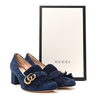 Gucci Kid Scamosciato GG Marmont Fringe 50mm Loafer Pumps 36.5 Blue Ink 10 of 10