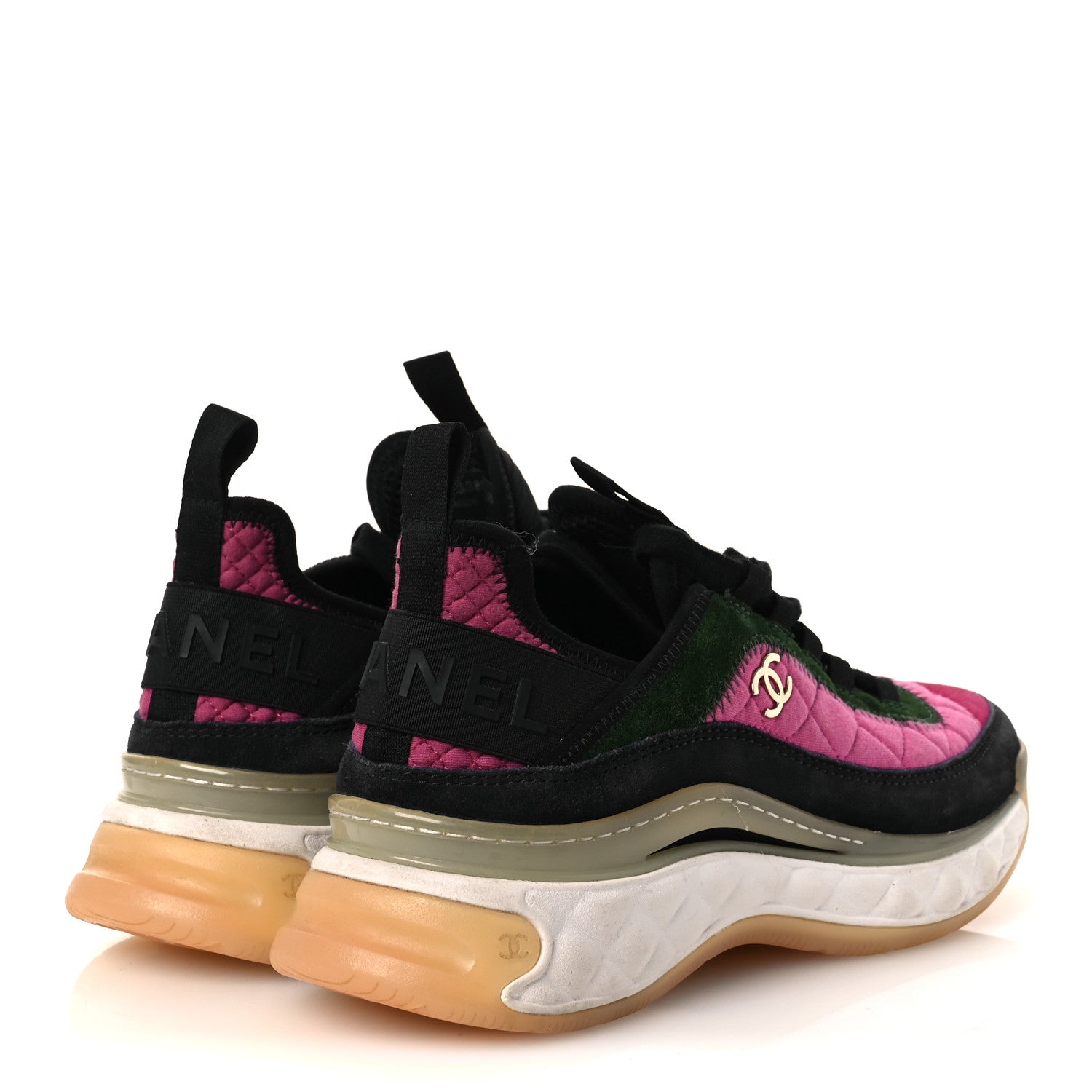 Chanel Velvet Calfskin Mixed Fibers CC Sneakers 38 Dark Pink Green 5 of 12