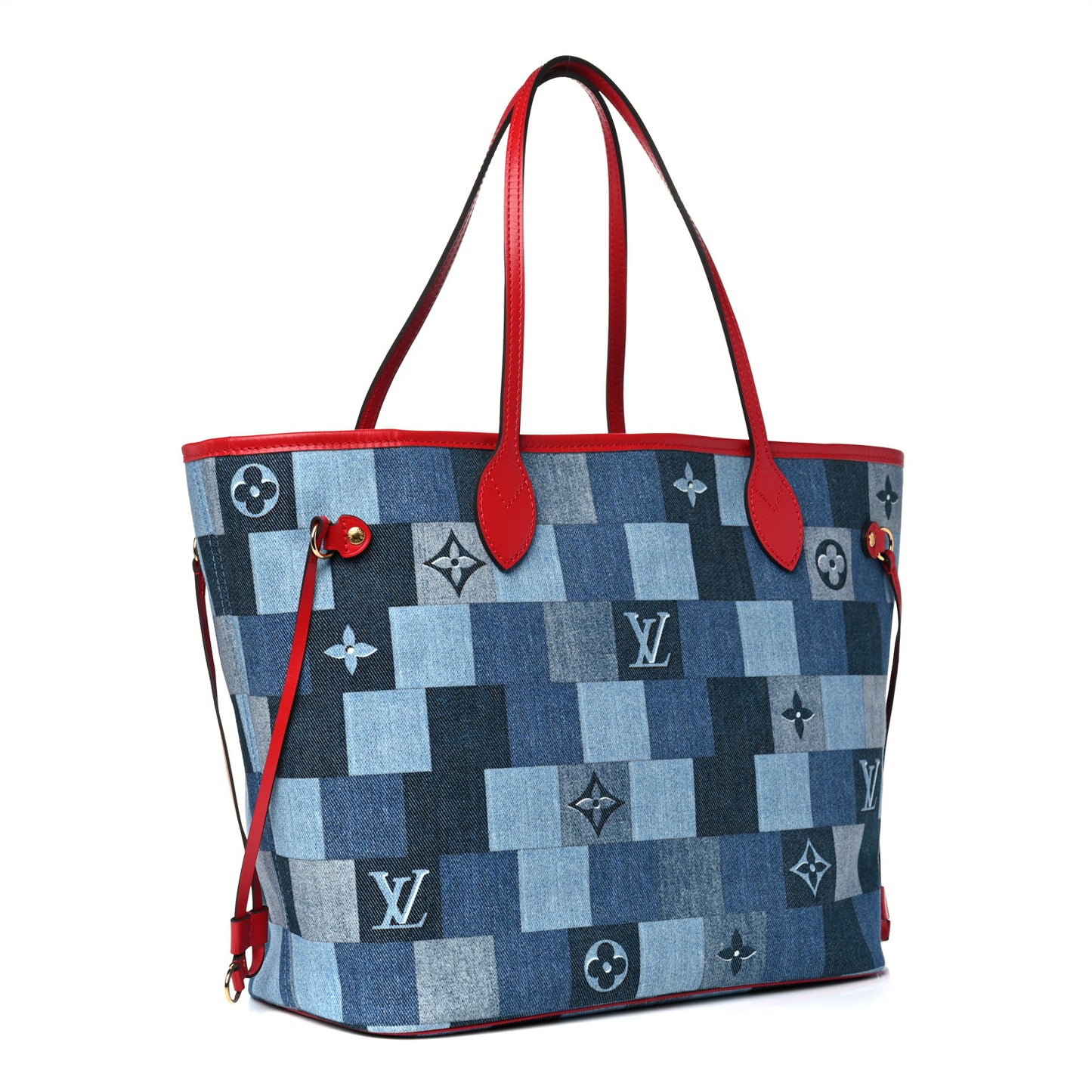 Denim Damier Monogram Patchwork Neverfull Blue Rouge
