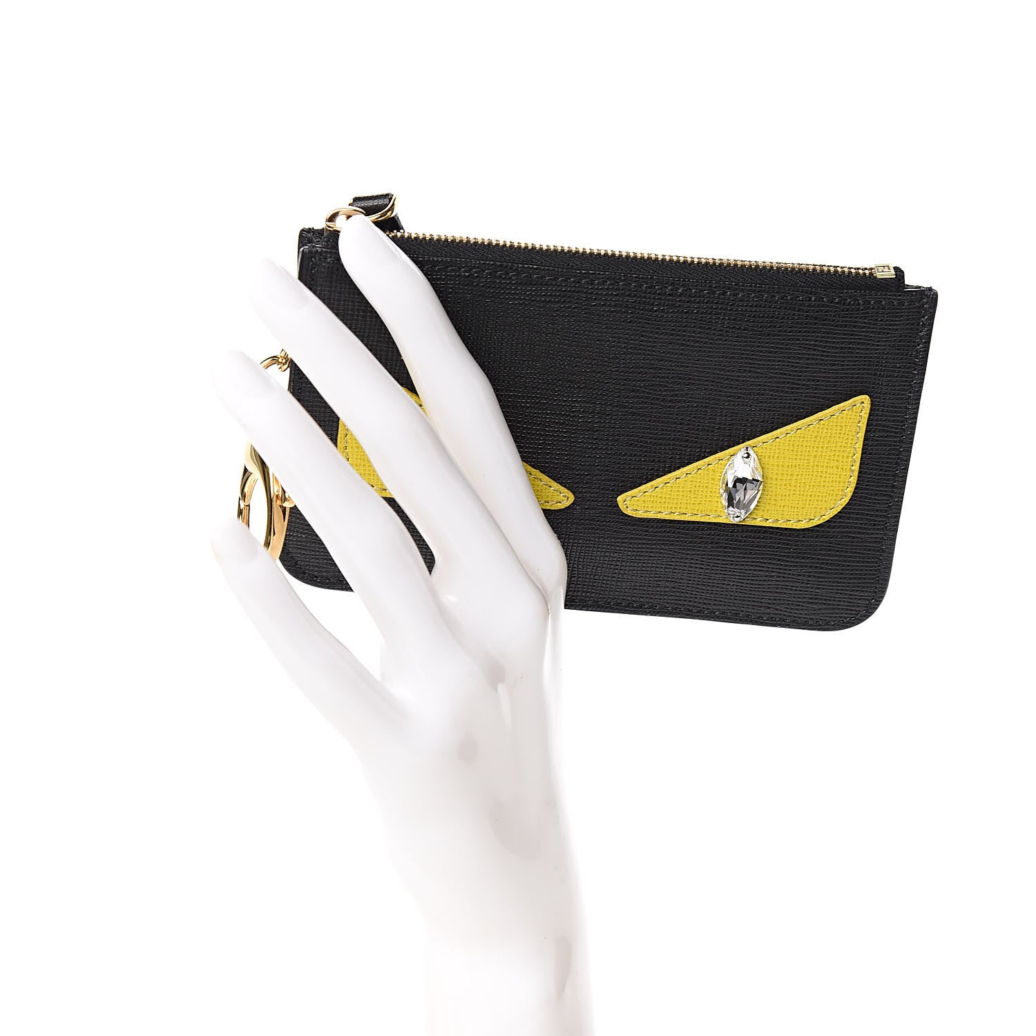 Fendi Vitello Elite Crystal Monster Eyes Coin Pouch Key Case Black Cedro 2 of 8