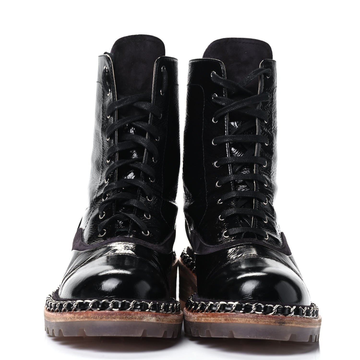 Chanel Patent Lace Up Chain Boots 37 Black 4 of 5