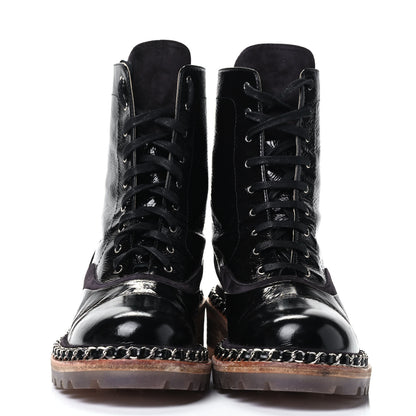 Chanel Patent Lace Up Chain Boots 37 Black 4 of 5