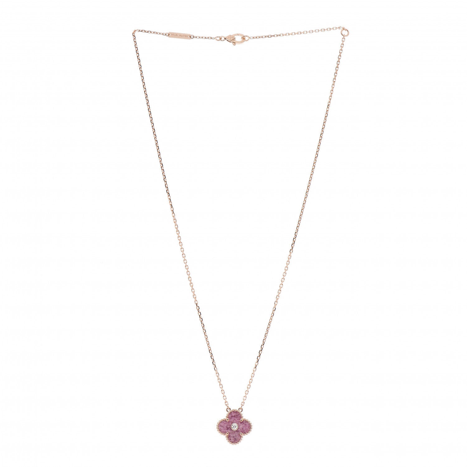 Van Cleef & Arpels 18K Rose Gold Diamond Rhodonite Vintage Alhambra Pendant Necklace 3 of 5