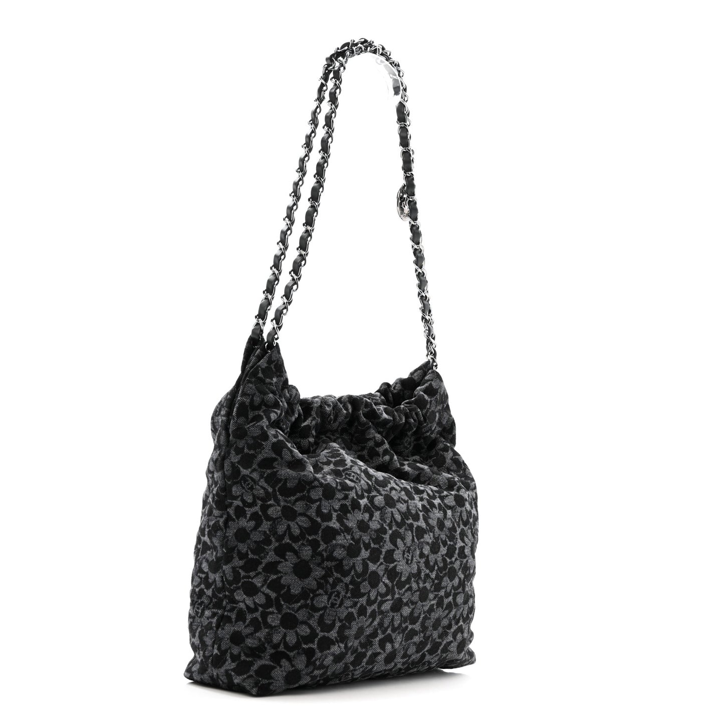 Denim Quilted Floral Print Small Chanel 22 Black