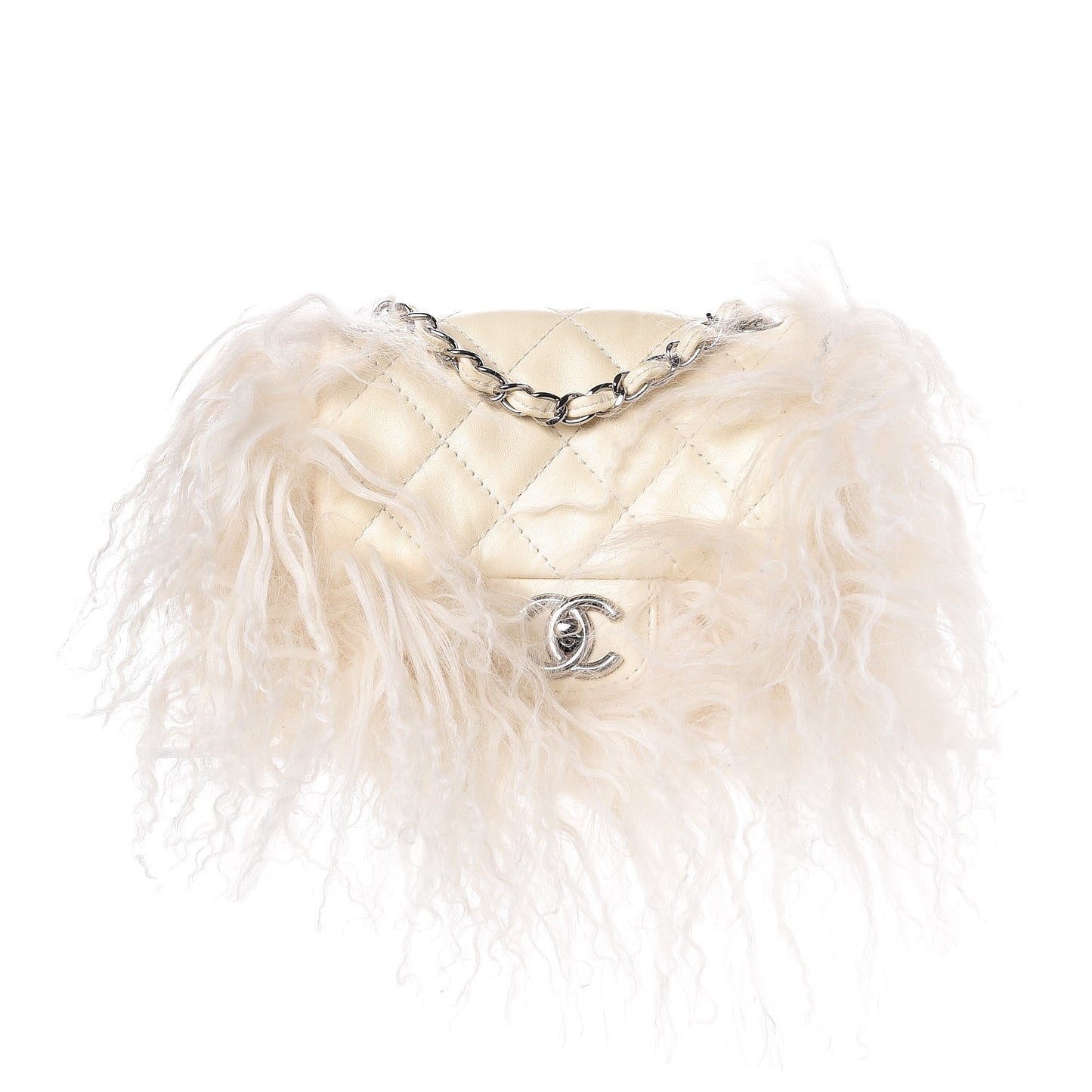Lambskin Quilted Goat Fur Mini Tibet Square Flap White