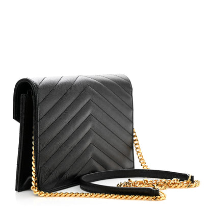 Saint Laurent Grain De Poudre Matelasse Chevron Monogram Envelope Chain Wallet Black 3 of 11
