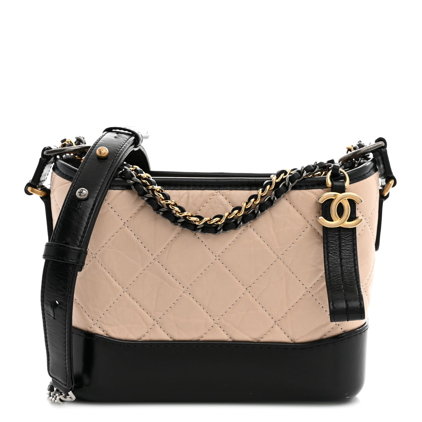 Aged Calfskin Quilted Small Gabrielle Hobo Beige Black
