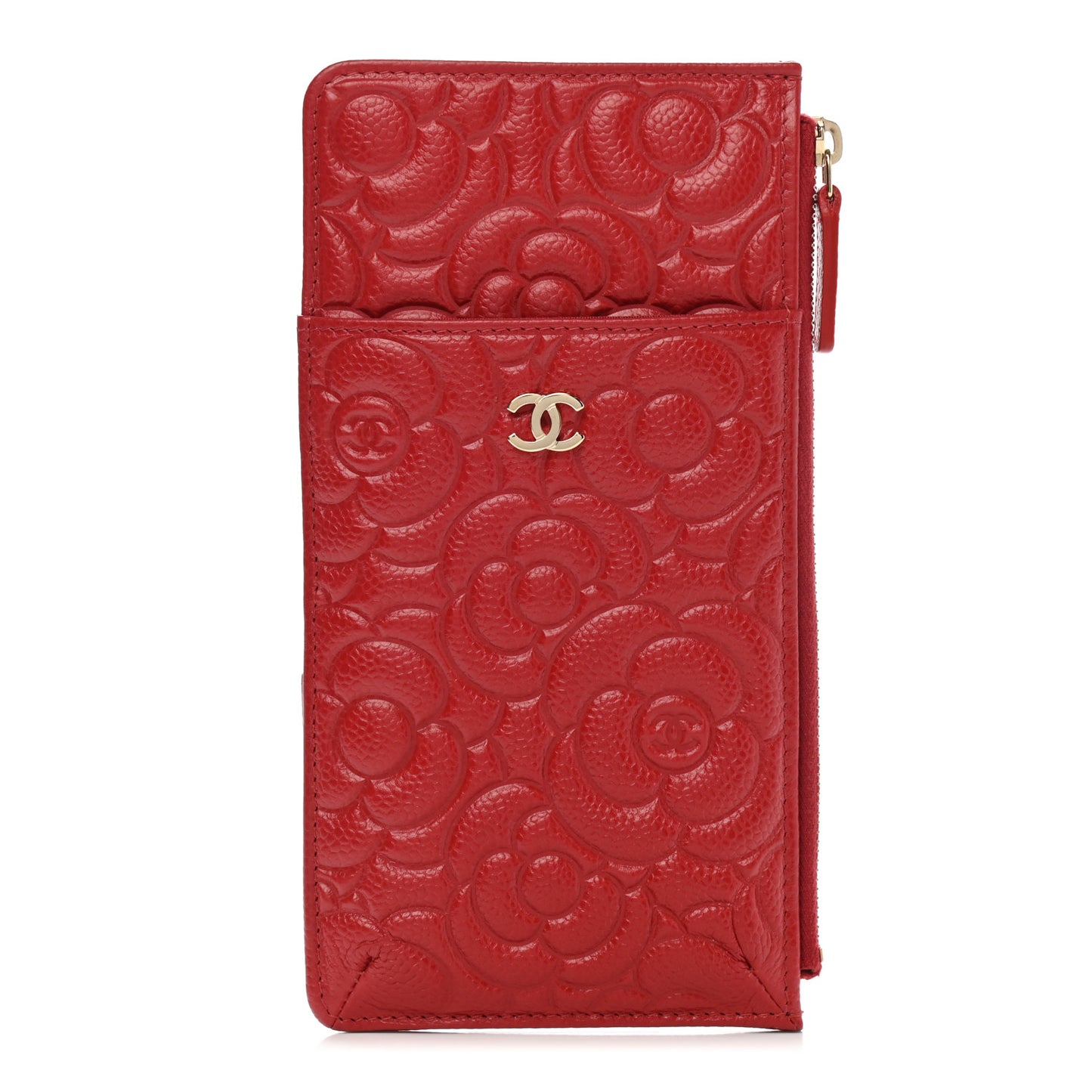 Caviar Camellia Embossed Classic Flat Wallet Pouch Red