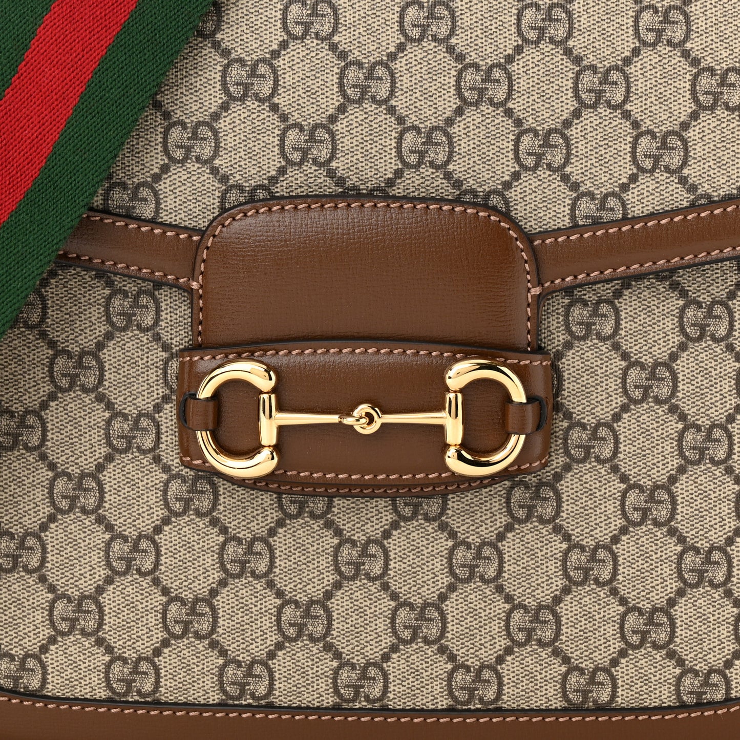 GG Supreme Monogram Azalea Calfskin Web Medium Horsebit 1955 Shoulder Bag Beige Ebony Brown Sugar