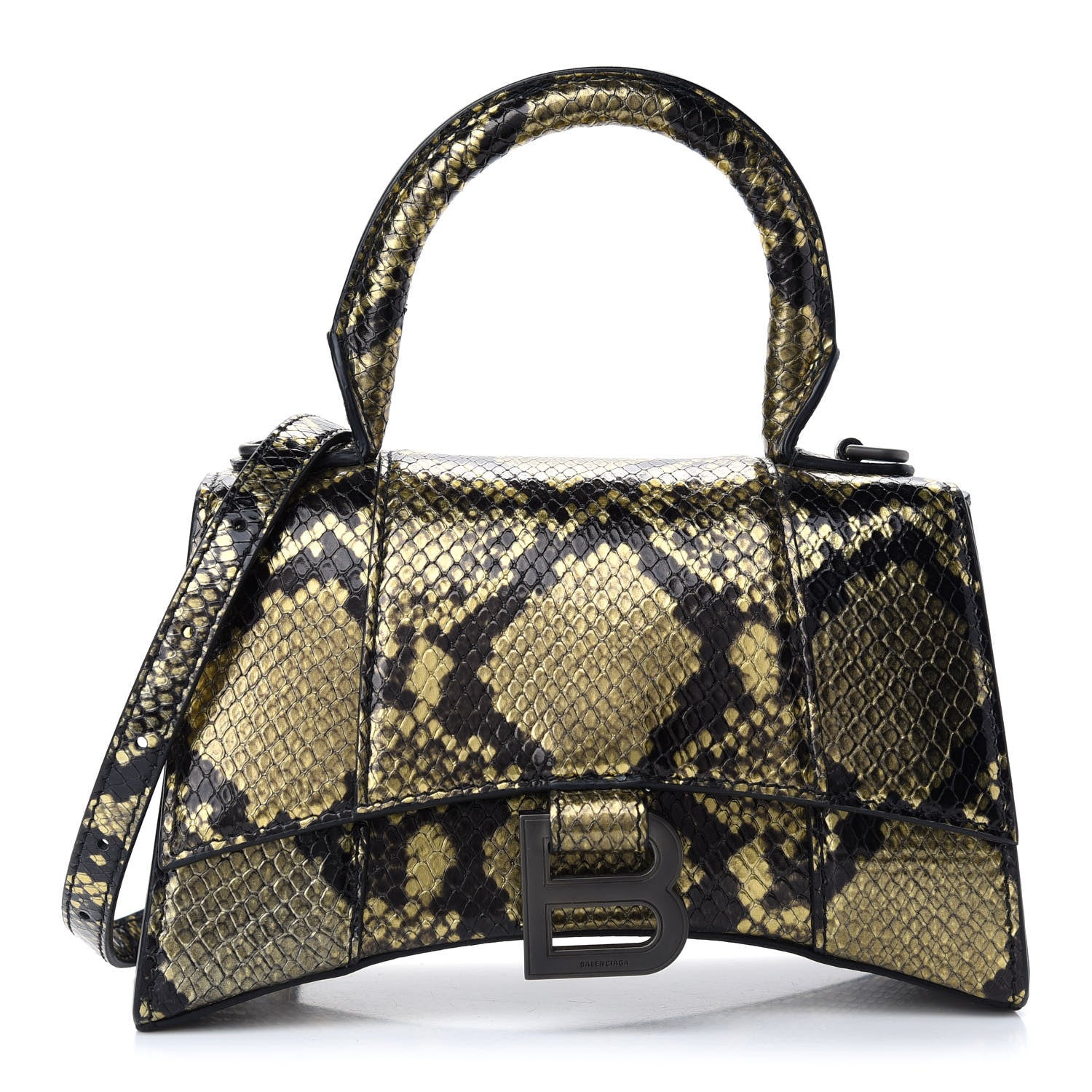 Balenciaga Shiny Calfskin Snakeskin Embossed Hourglass Top Handle Bag XS Gold Black 1 of 8