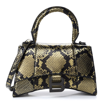 Balenciaga Shiny Calfskin Snakeskin Embossed Hourglass Top Handle Bag XS Gold Black 1 of 8