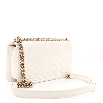 Chanel Caviar Chevron Quilted Medium Boy Flap White 3 of 12