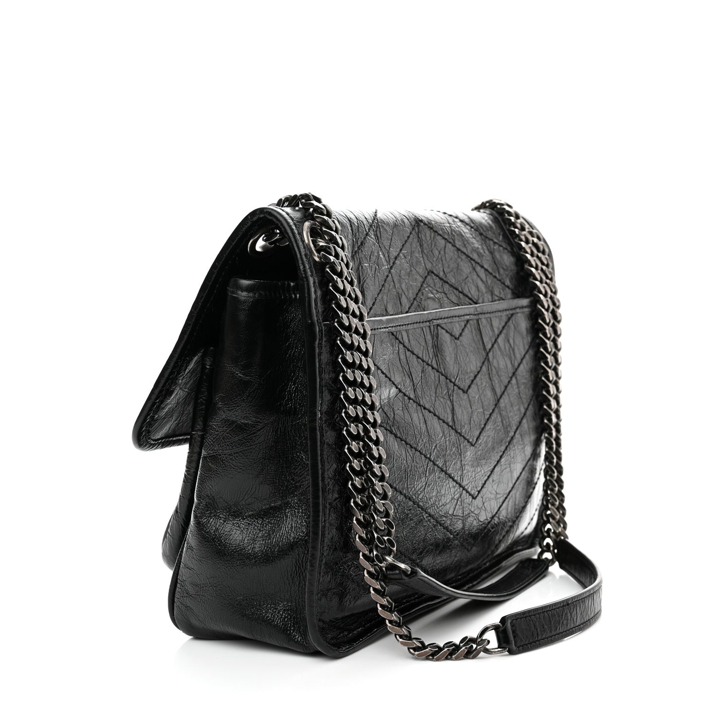 Crinkled Calfskin Matelasse Monogram Medium Niki Chain Satchel Black