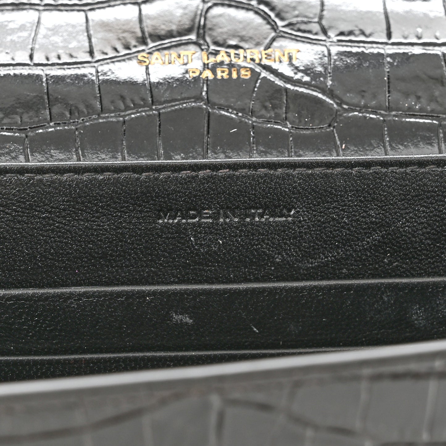 Calfskin Crocodile Embossed Monogram Cassandra Chain Wallet Black