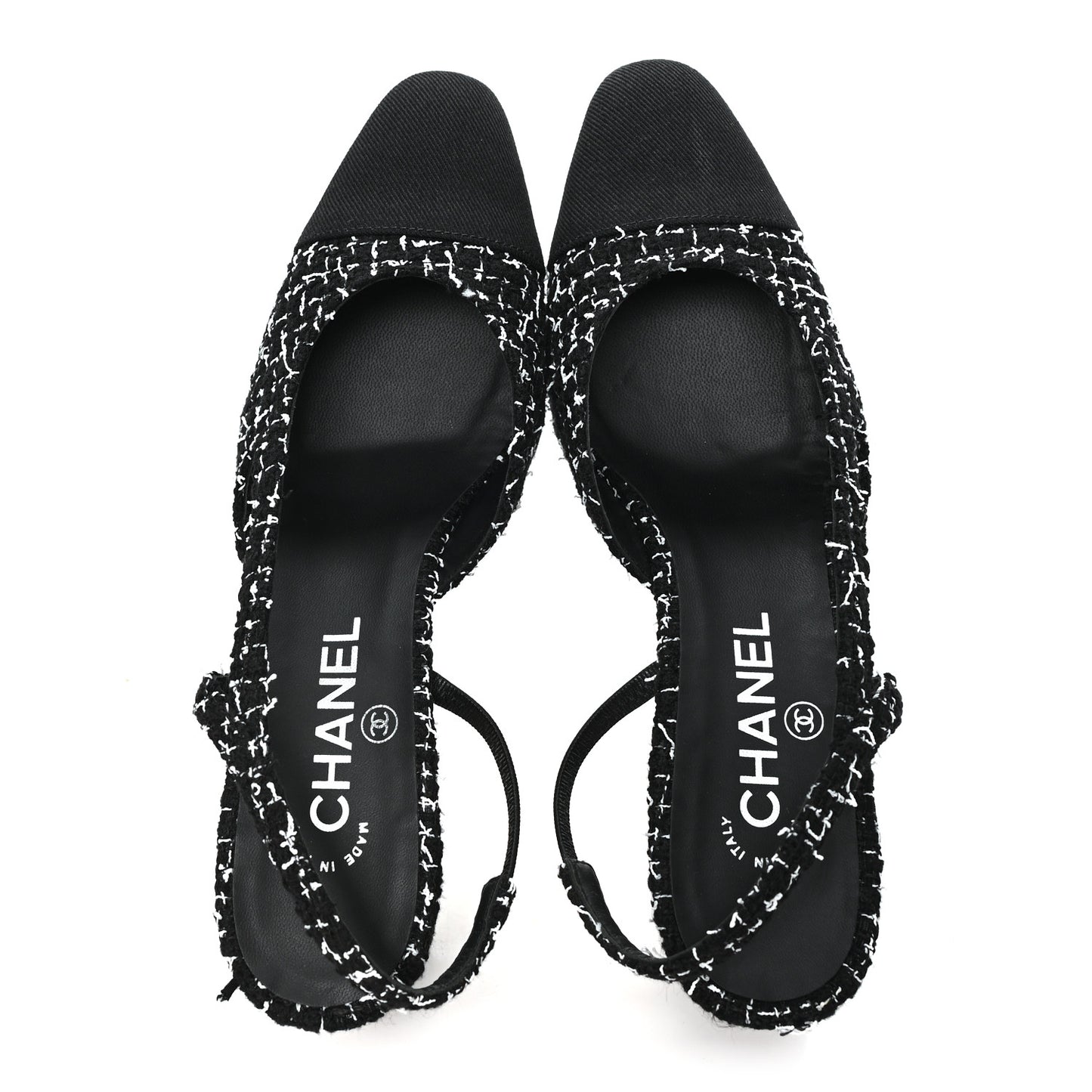 Tweed Grosgrain Cap Toe CC Slingback Pumps 38.5 Black White