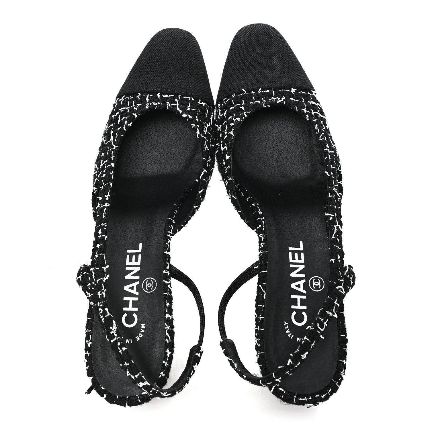 Chanel Tweed Grosgrain Cap Toe CC Slingback Pumps 38.5 Black White 2 of 10