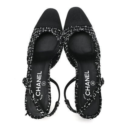 Chanel Tweed Grosgrain Cap Toe CC Slingback Pumps 38.5 Black White 2 of 10