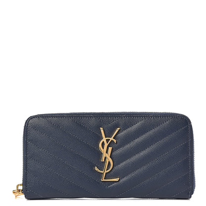Saint Laurent Grain De Poudre Matelasse Chevron Monogram Zip Around Wallet Navy 1 of 6