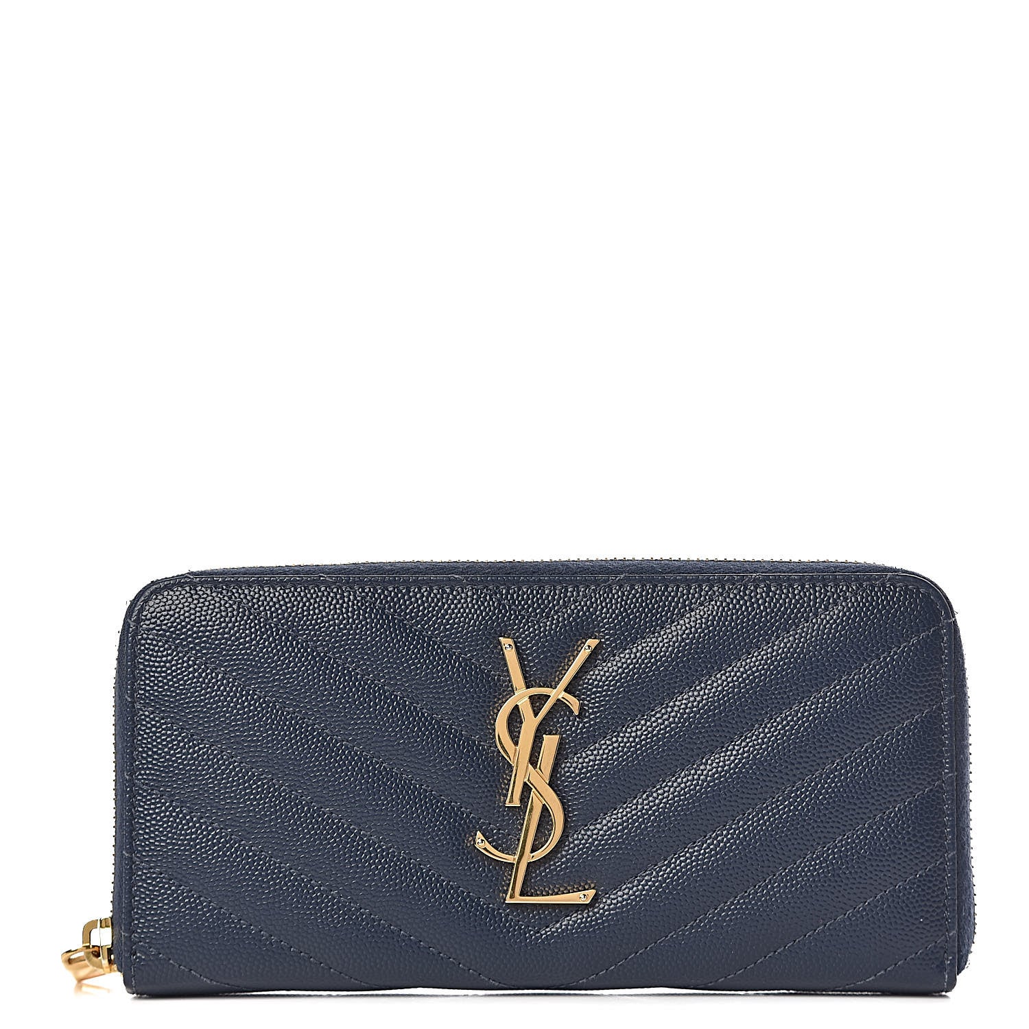 Saint Laurent Grain De Poudre Matelasse Chevron Monogram Zip Around Wallet Navy 1 of 6