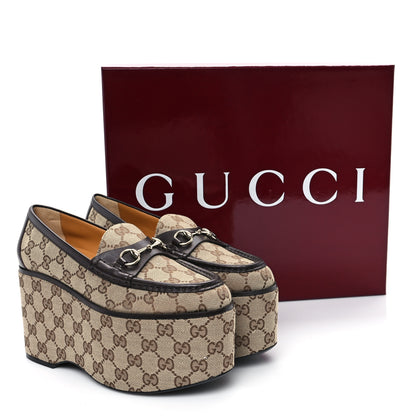 Gucci Canvas GG Monogram Horsebit Calfskin Womens Horsebit Platform Loafers 37 Beige Ebony 10 of 10