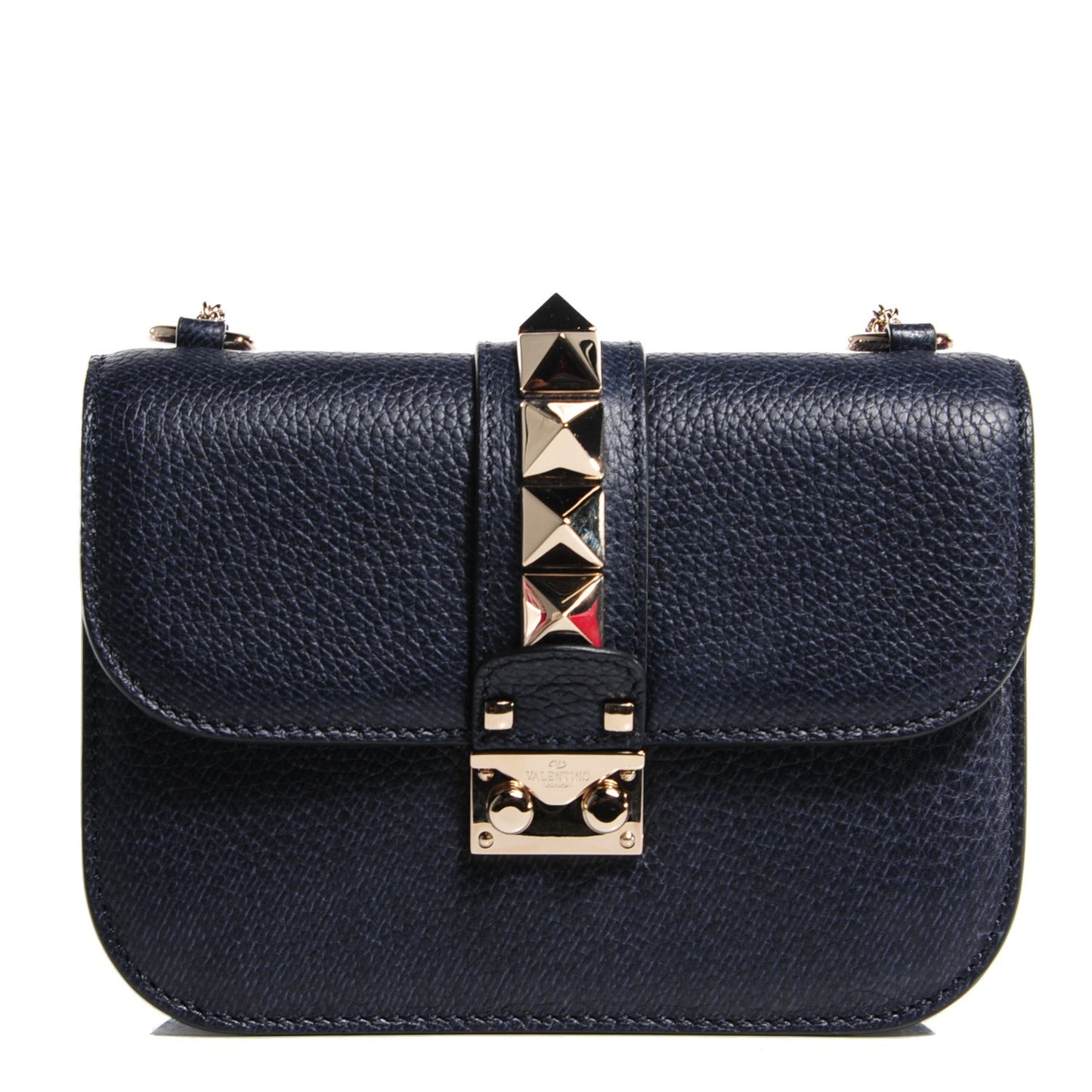 Pebbled Calfskin Small Glam Lock Rockstud Flap Deep Denim