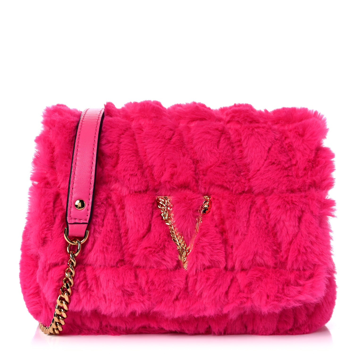 Versace Faux Fur Quilted Virtus Shoulder Bag Fuxia 1 of 8
