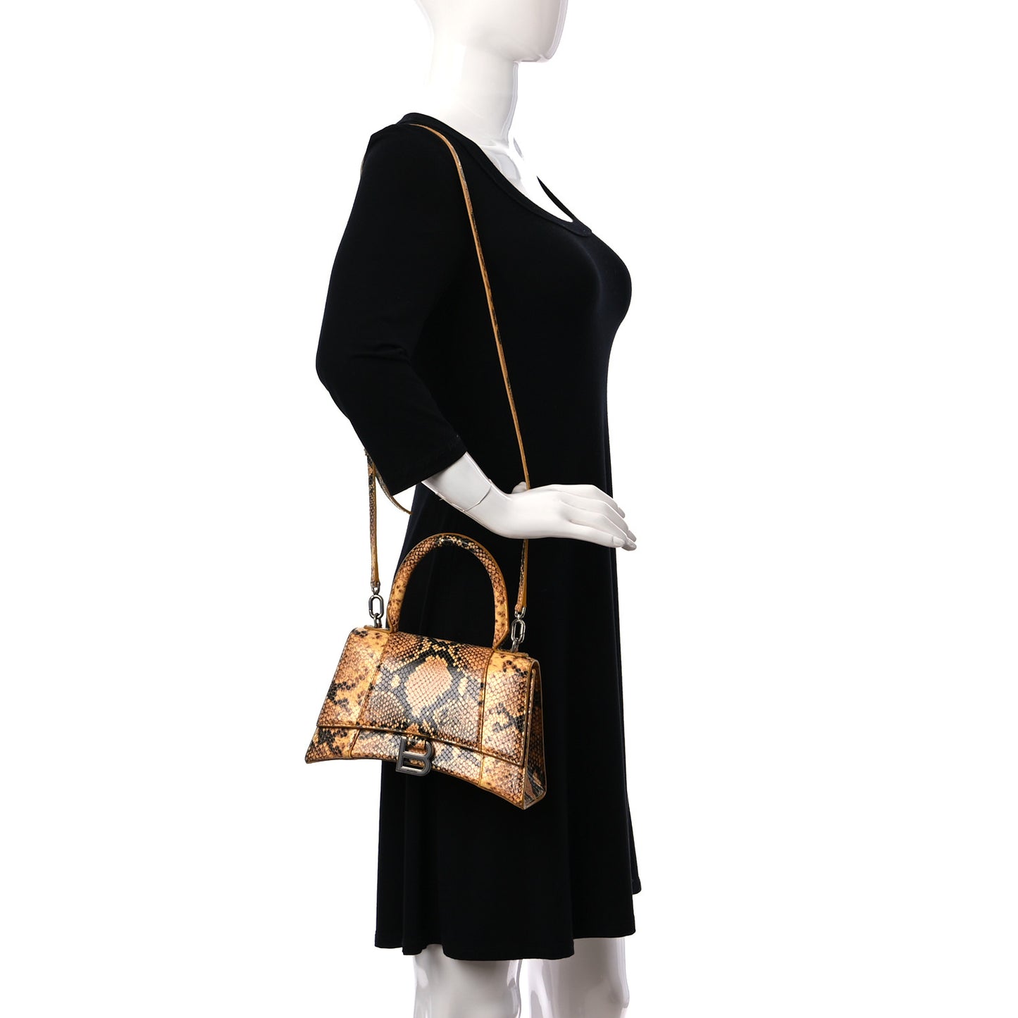 Shiny Calfskin Python Effect Small Hourglass Top Handle Bag Orange Black