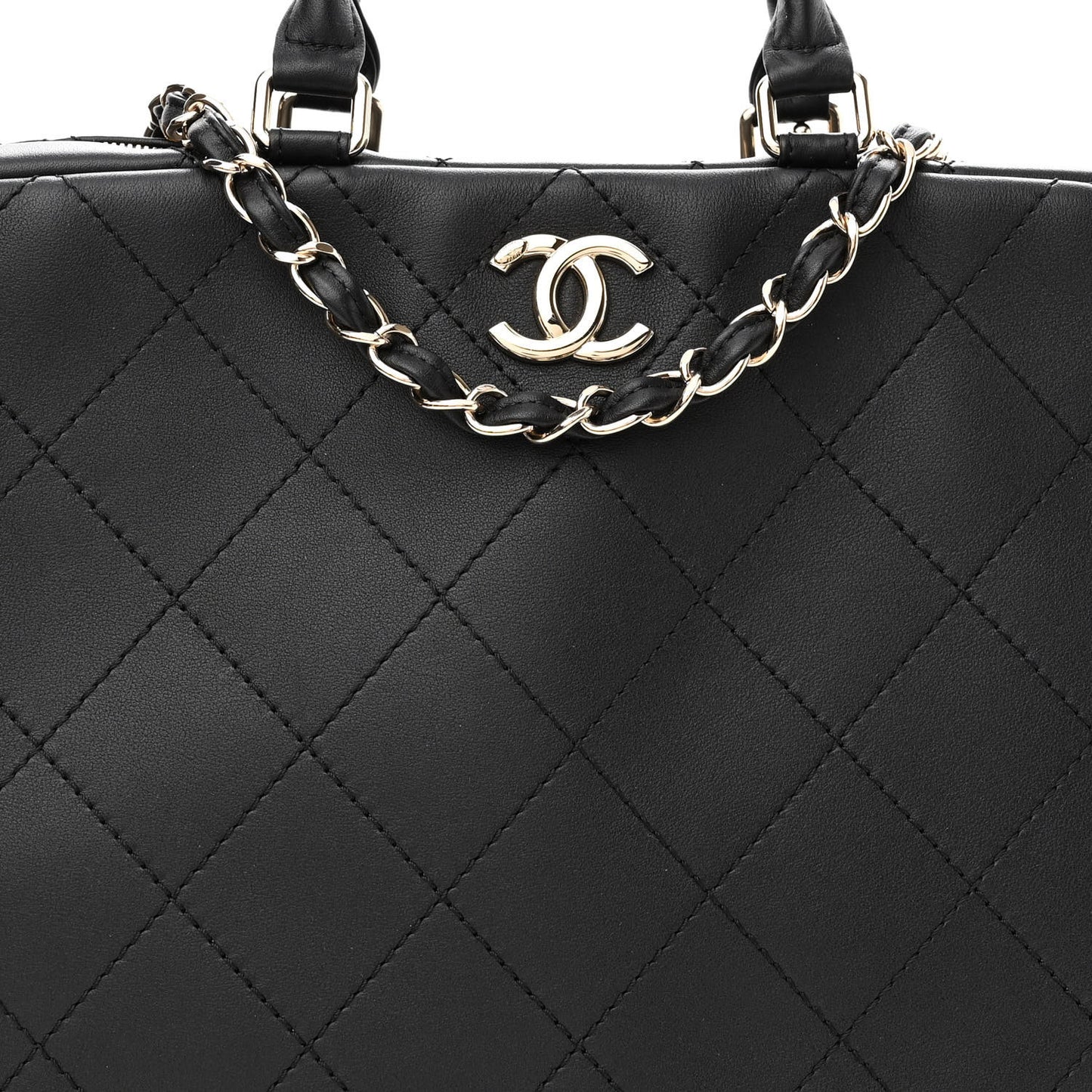Calfskin Diamond Stitched Top Handle Bowling Bag Black