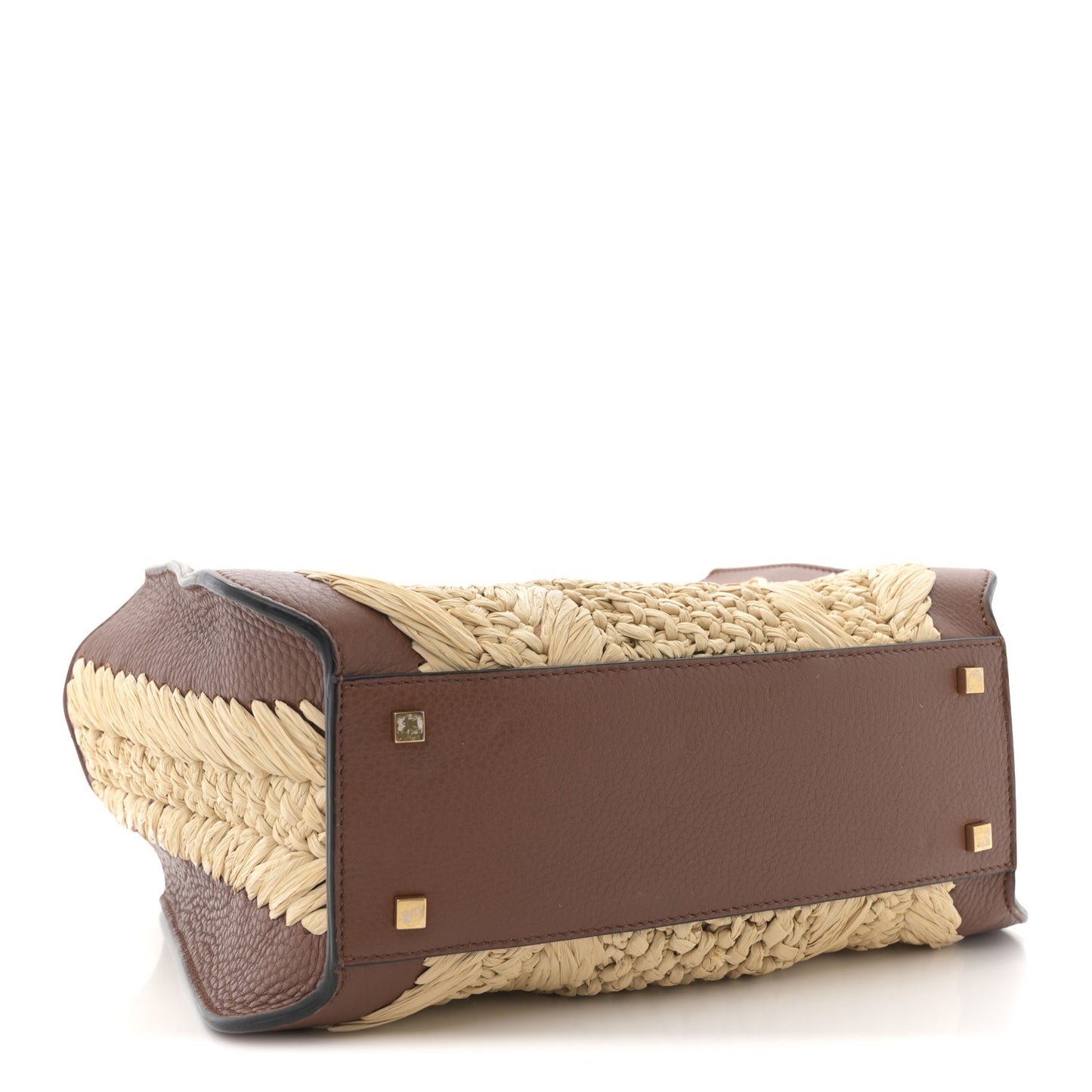Raffia Calfskin Small Vlogo Signature Tote Natural Saddle Brown