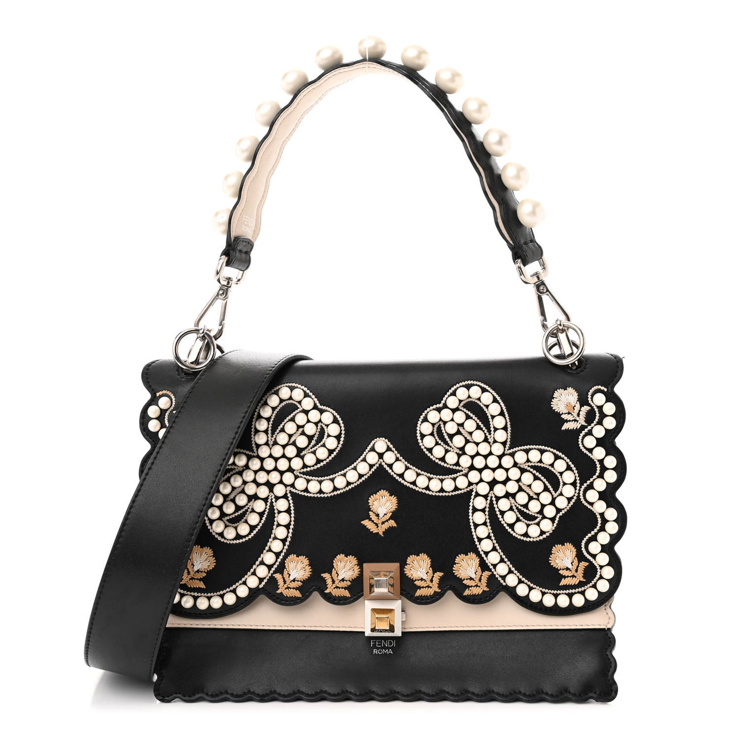 Vitello Liberty Pearl Bi-Color Flowers and Bows Scalloped Studded Kan I Shoulder Bag Black Camelia