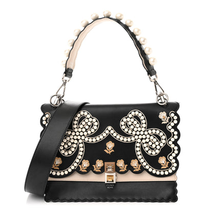 Fendi Vitello Liberty Pearl Bi-Color Flowers and Bows Scalloped Studded Kan I Shoulder Bag Black Camelia 1 of 16