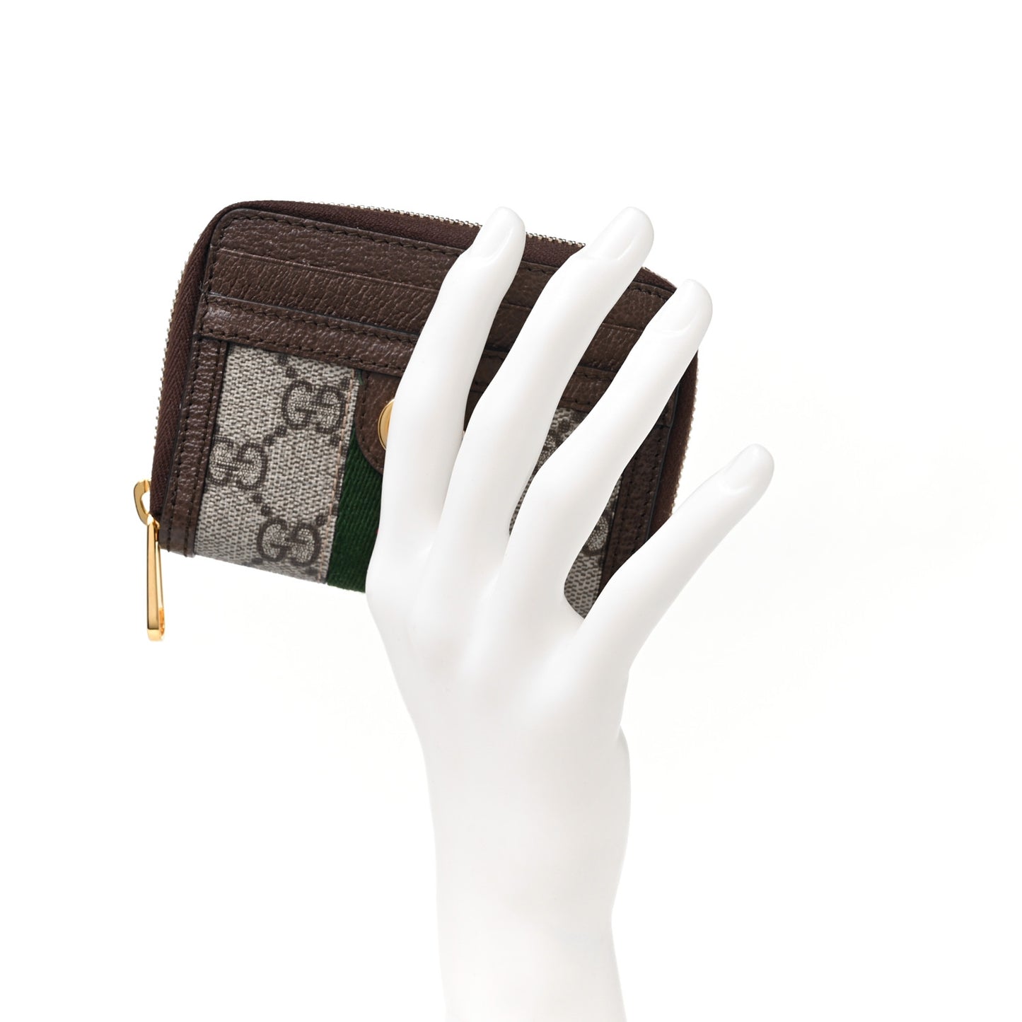 GG Supreme Monogram Textured Dollar Calfskin Web Ophidia Zip Around Card Case Wallet Beige Ebony New Acero