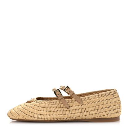 Prada Raffia Metal Triangle Logo Ballet Flats 38.5 Natural 1 of 10