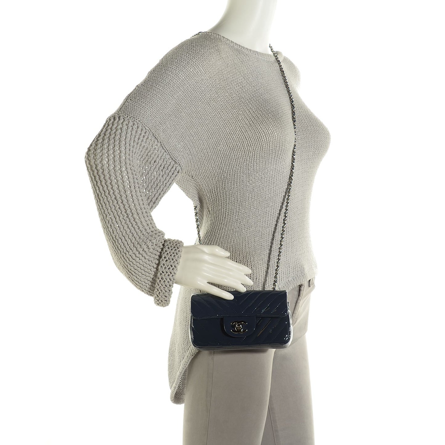 Patent Chevron Quilted Extra Mini Flap Dark Blue