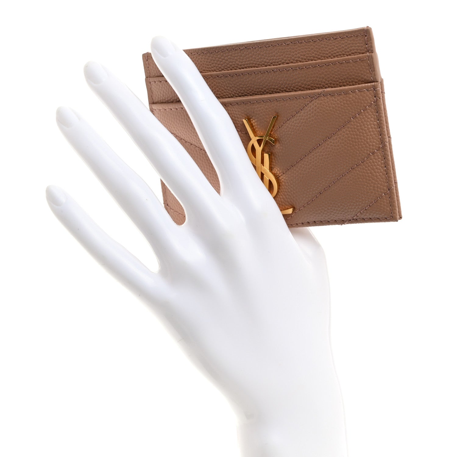 Saint Laurent Grain De Poudre Matelasse Chevron Monogram Credit Card Case Dark Beige 2 of 7
