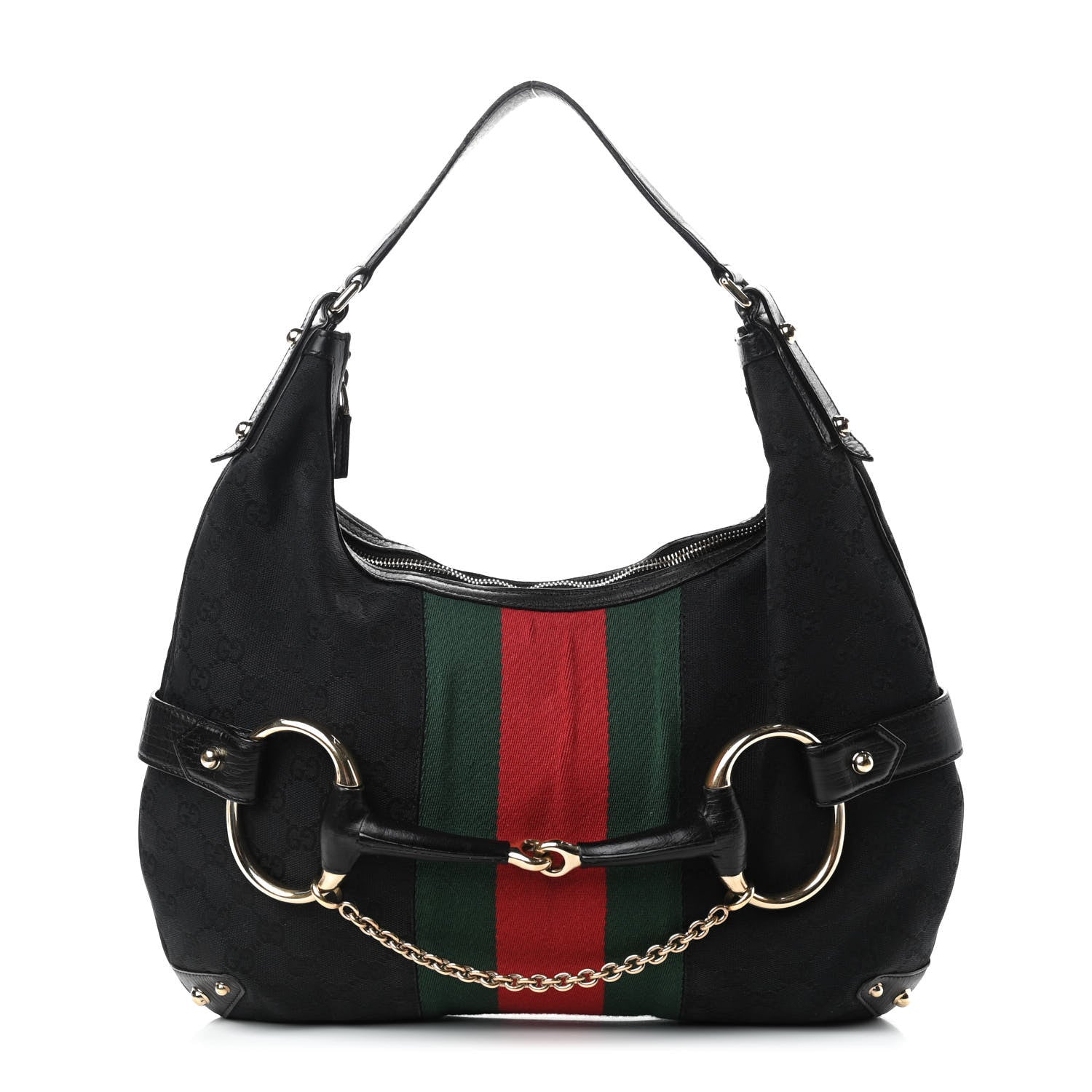 Gucci Monogram Large Horsebit Web Hobo Black 1 of 10