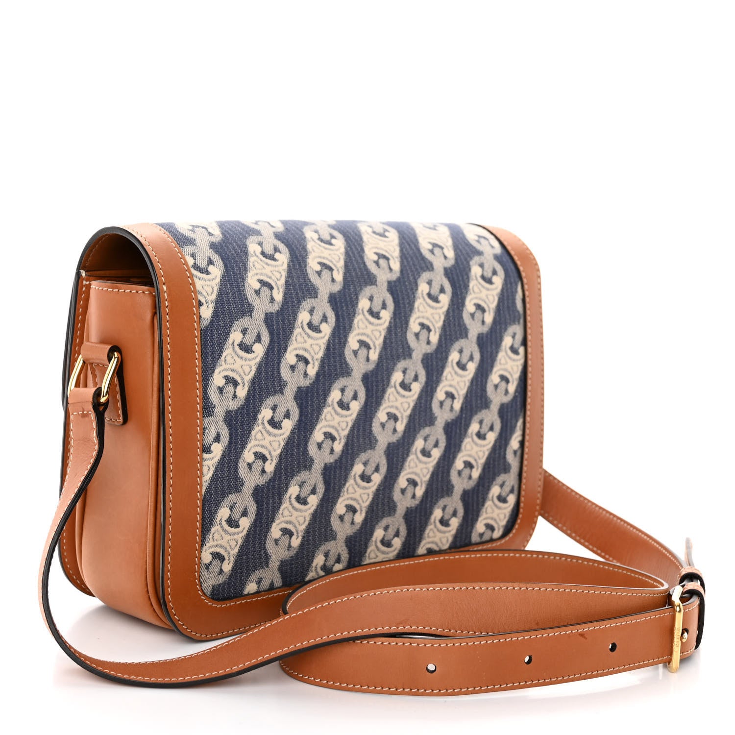 Celine Natural Calfskin Chaine Triomphe Jacquard Canvas Medium Triomphe Bag Navy Tan 3 of 10