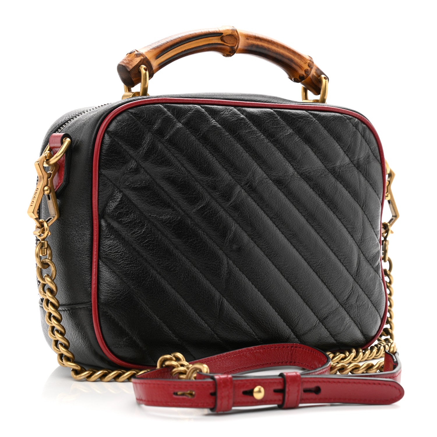 Gucci Vintage Effect Calfskin Matelasse Diagonal Small Torchon GG Marmont Bamboo Top Handle Shoulder Bag Black Romantic Cherry 3 of 12