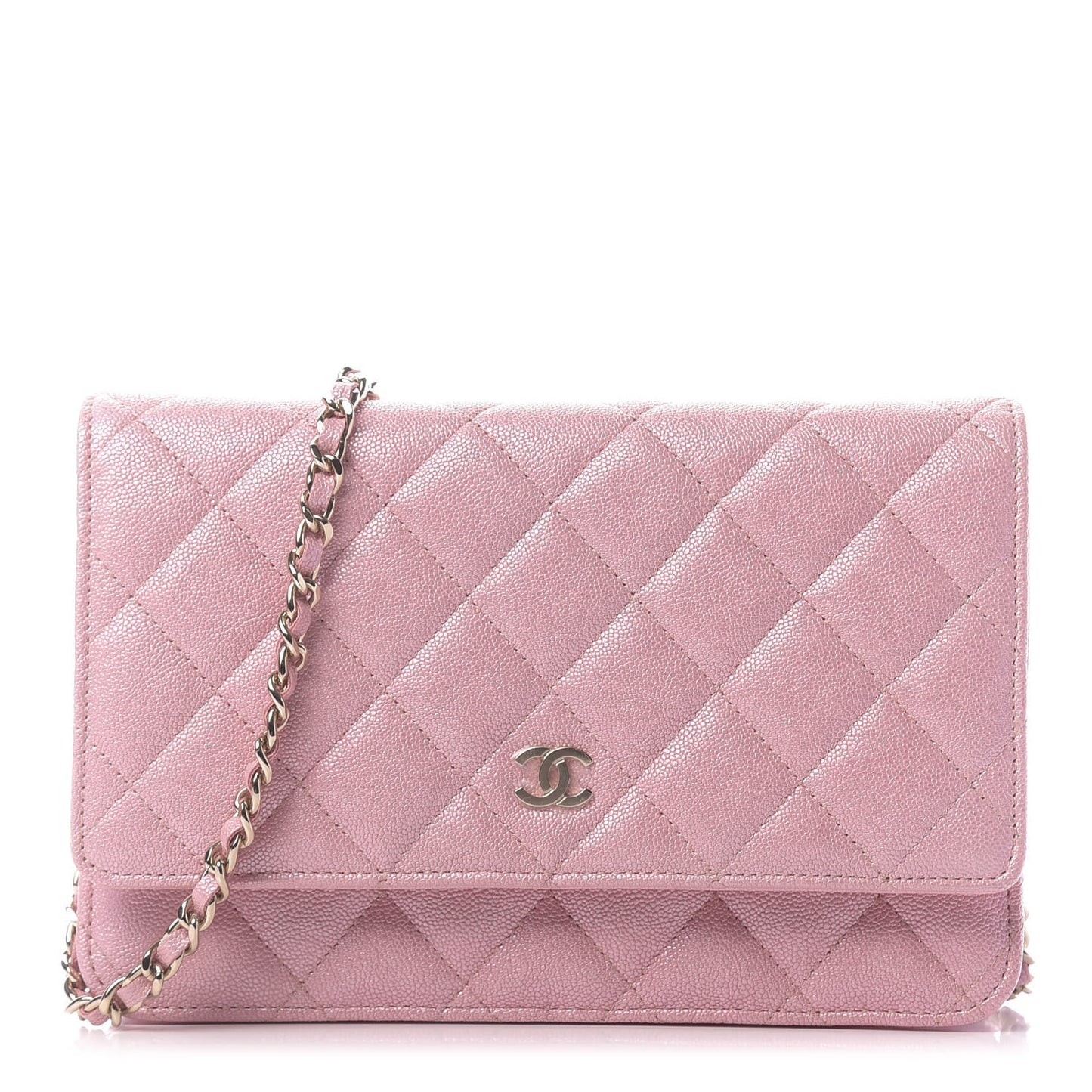 Iridescent Caviar Quilted Wallet on Chain WOC Rose Pink