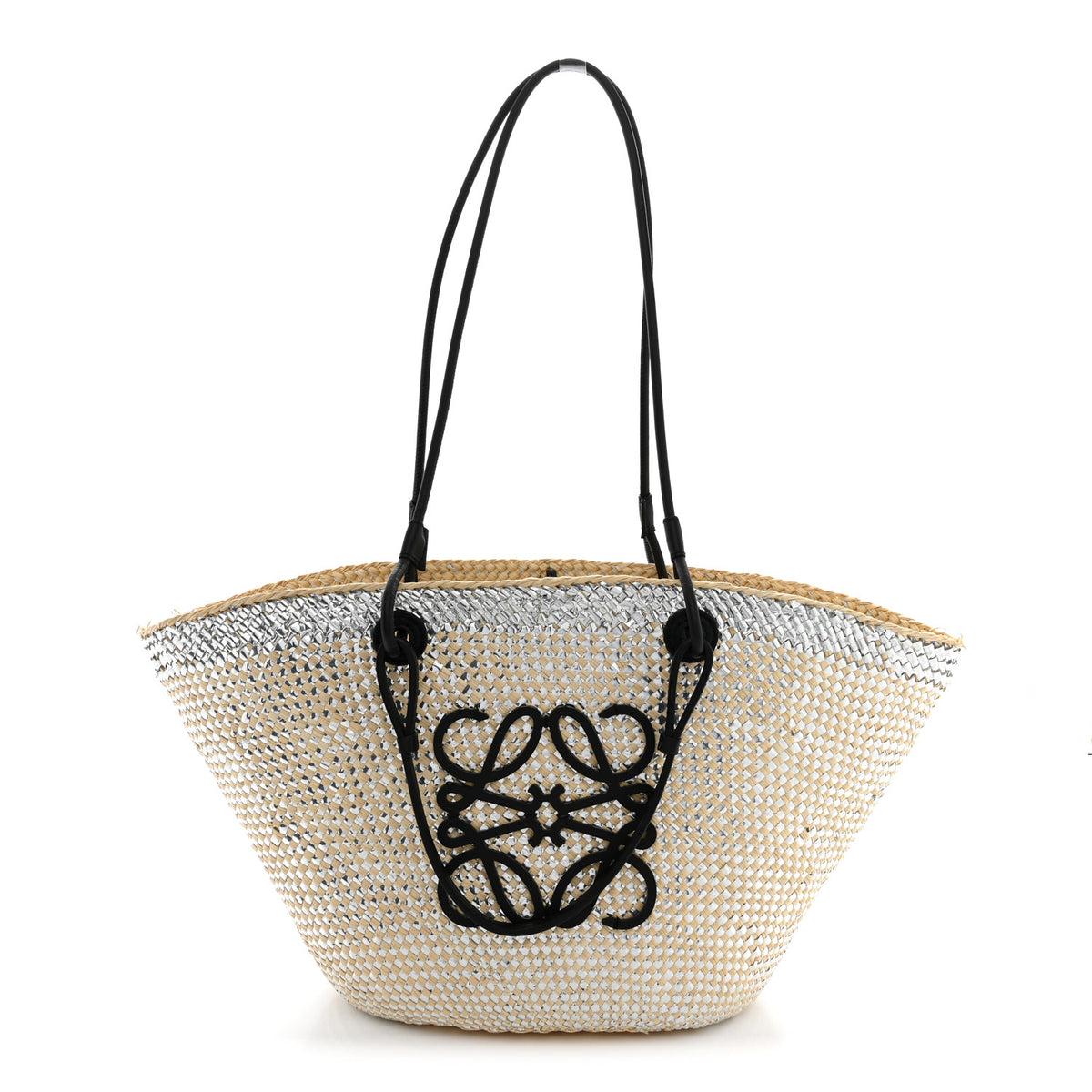 Calfskin Raffia Paulas Ibiza Sparkling Metallic Anagram Basket Tote Bag Natural Silver