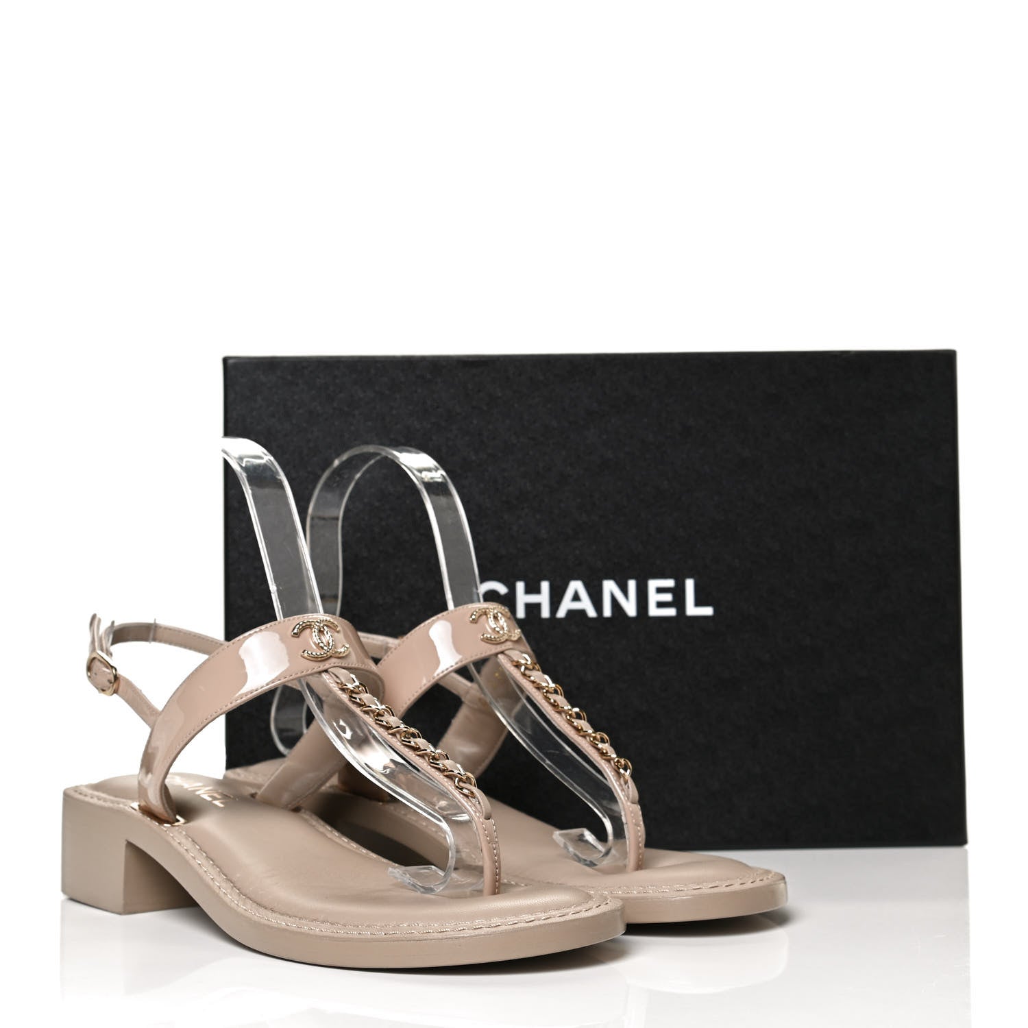 Chanel Lambskin Patent Chain CC Logo Thong Sandals 38 Beige 10 of 10