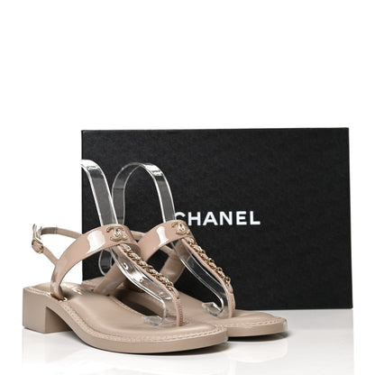 Chanel Lambskin Patent Chain CC Logo Thong Sandals 38 Beige 10 of 10