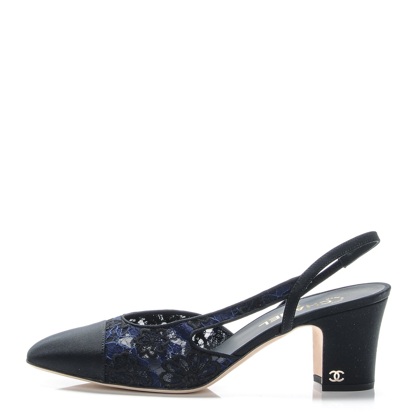 Lace Grosgrain Cap Toe CC Slingback Pumps 41 Navy Black