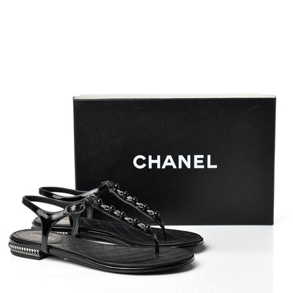 Chanel Patent Beaded CC Thong Sandals 37.5 Black 10 of 10