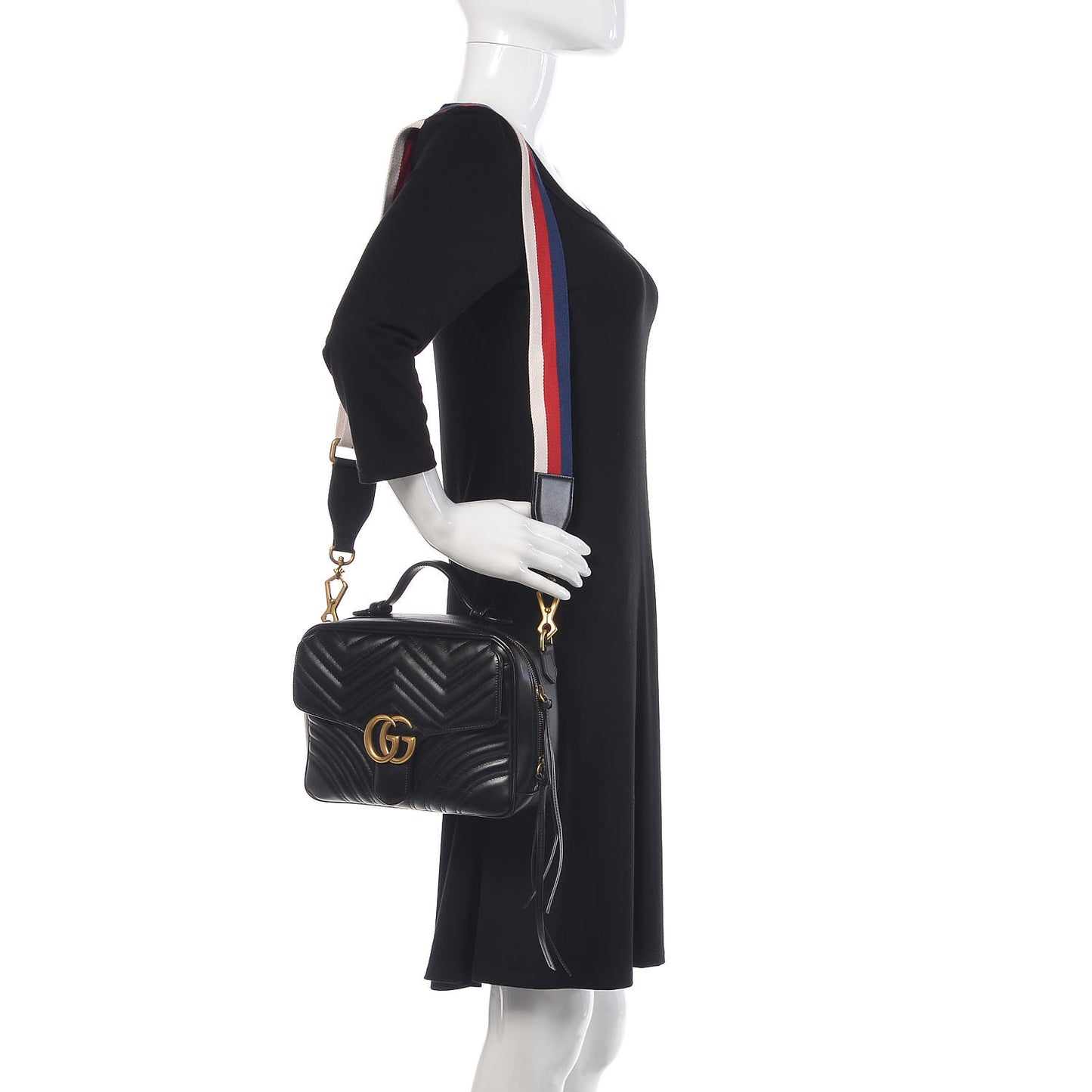 Calfskin Matelasse Sylvie Web Small GG Marmont Top Handle Shoulder Bag Black