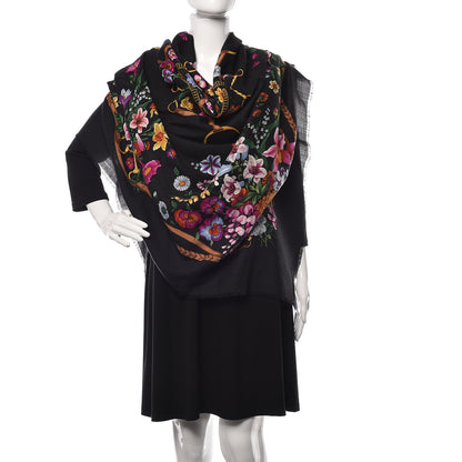 Gucci Wool Silk Floral Web Square Scarf Black 2 of 5