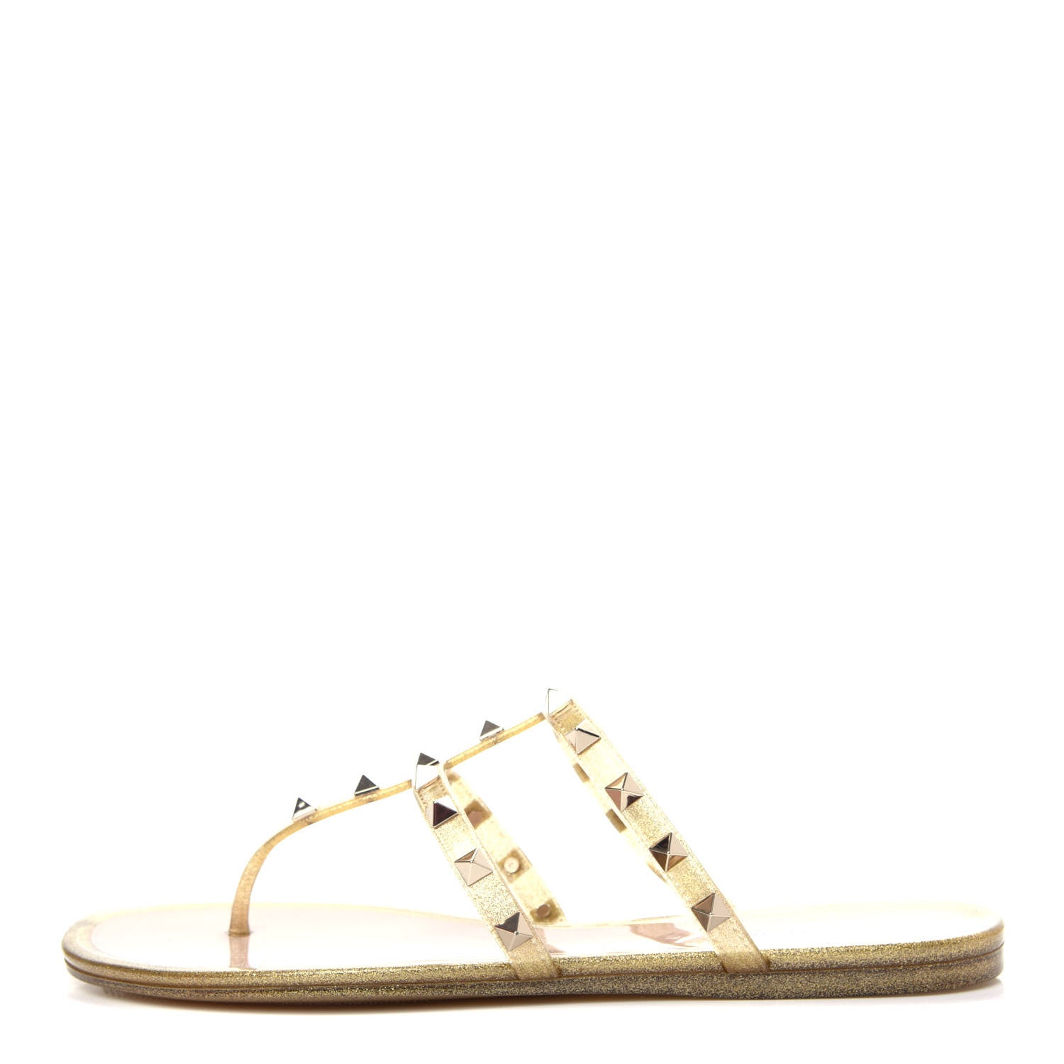 Valentino Garavani PVC Jelly Glitter Rockstud Caged Flat Thong Sandals 40 Oro 1 of 10