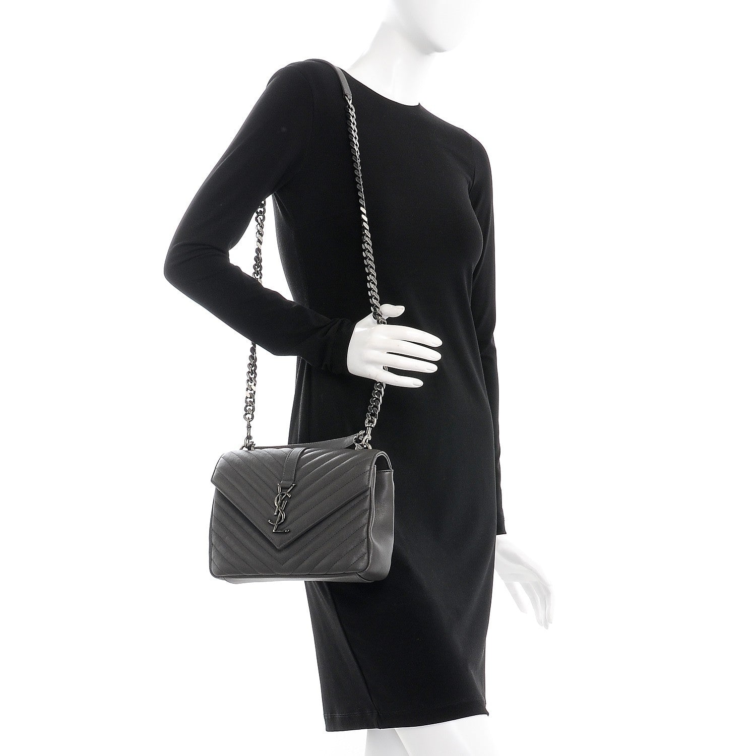 Saint Laurent Sheepskin Matelasse Chevron Monogram Medium College Bag Asphalt 2 of 8