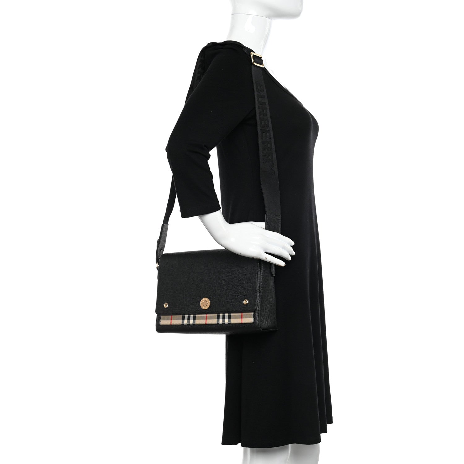 Burberry Coated Canvas Calfskin Vintage Check Medium Note Crossbody Bag Black 2 of 13